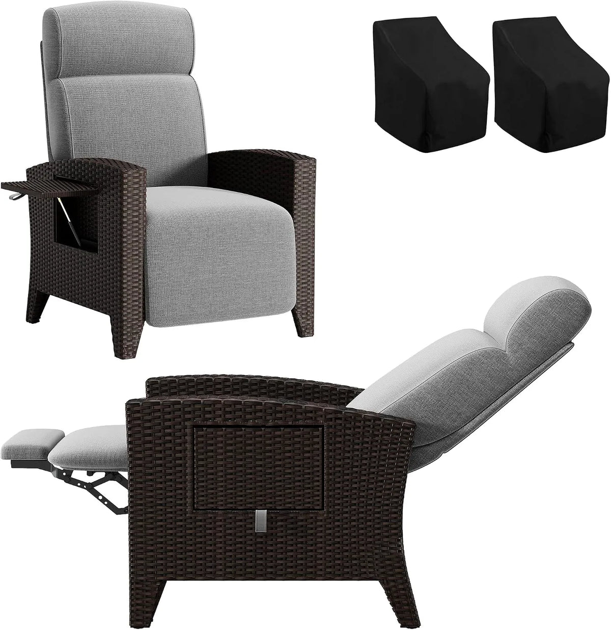Fauteuil relax et fauteuil inclinable — lavable, avec dossier, avec coussins, réglable, gris, en résine tressée