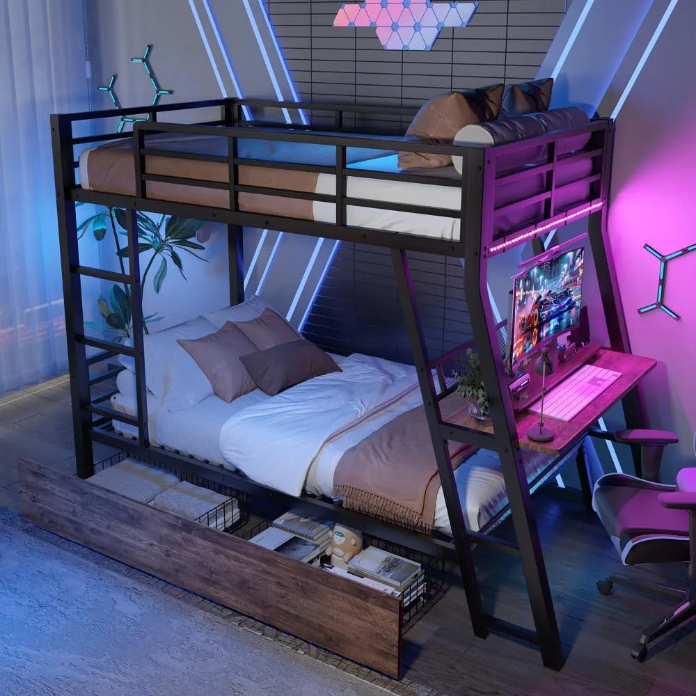 Lit superposé et lit mezzanine: pour enfant, avec tiroirs, avec escalier, avec bureau, 2 Places, 90 × 200, noir, avec éclairage LED