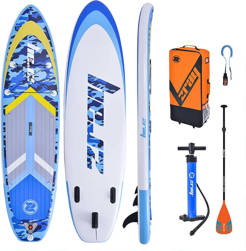 Planche de Paddle Gonflable Zray avec Technologie Double Couche - Accessoires Inclus: Pompe, Pagaie, Ailerons, Sac de Transport et Leash - Design Camouflage Bleu