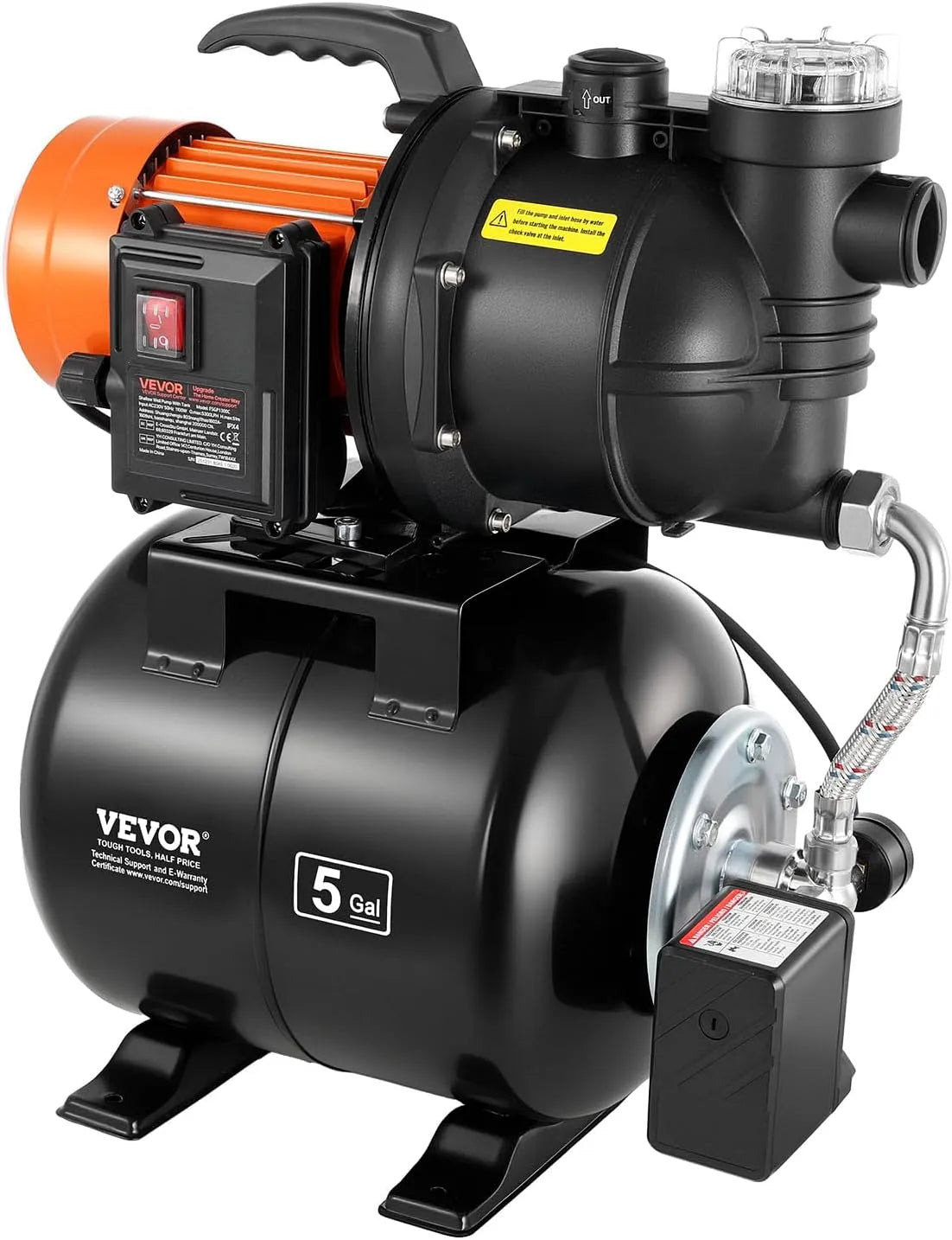 VEVOR Groupe de surpression et pompe domestique et de jardin, 5300 L/h, 1100 W, pour l'arrosage du jardin, 2,8 bar, 19 L