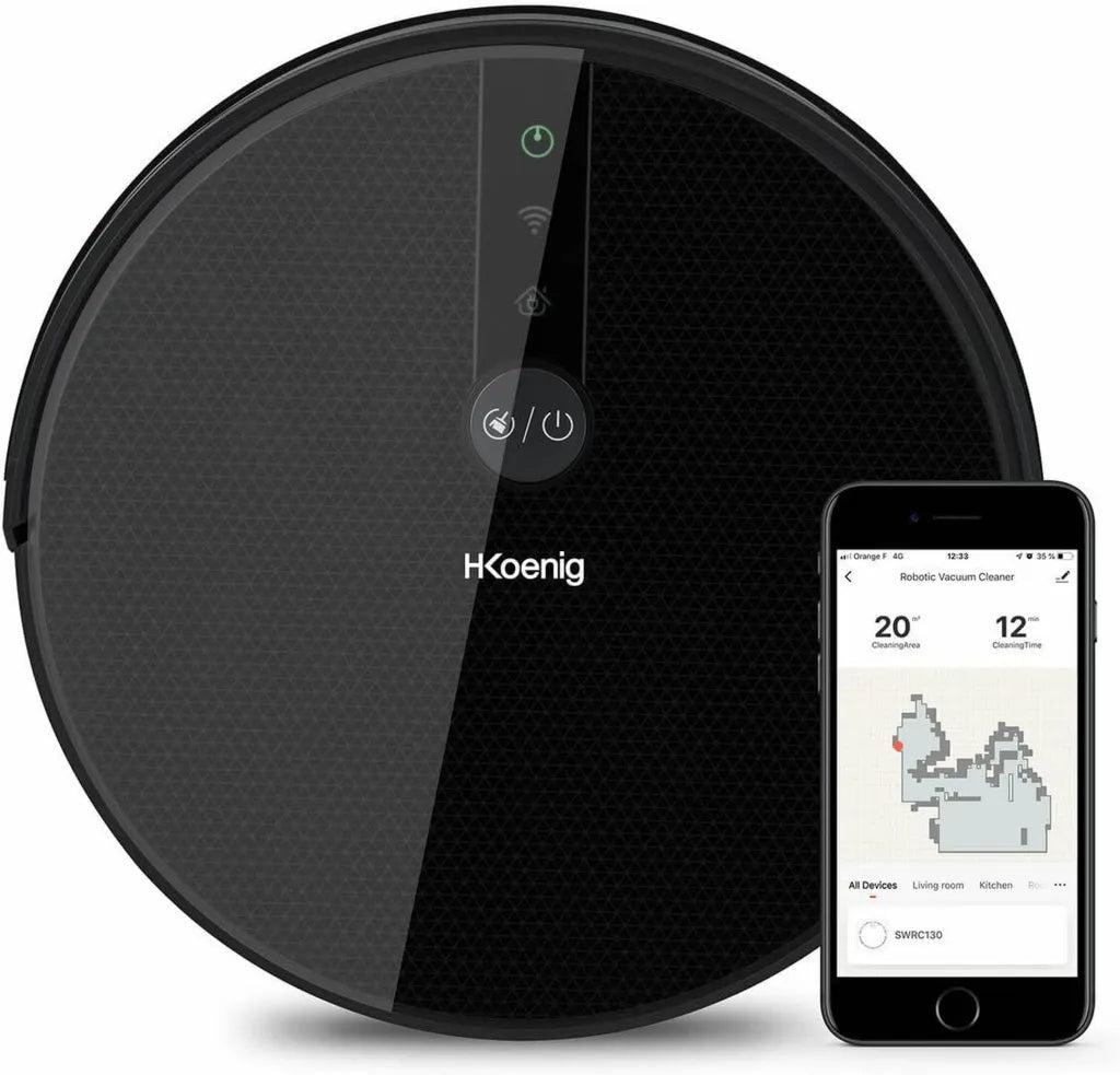 Aspirateur Robot Intelligent H.Koenig SWRC130 avec Gyro+ et WaterMop, Silencieux et Puissant, Connexion WiFi, Autonomie 120min, 4 Modes de Nettoyage
