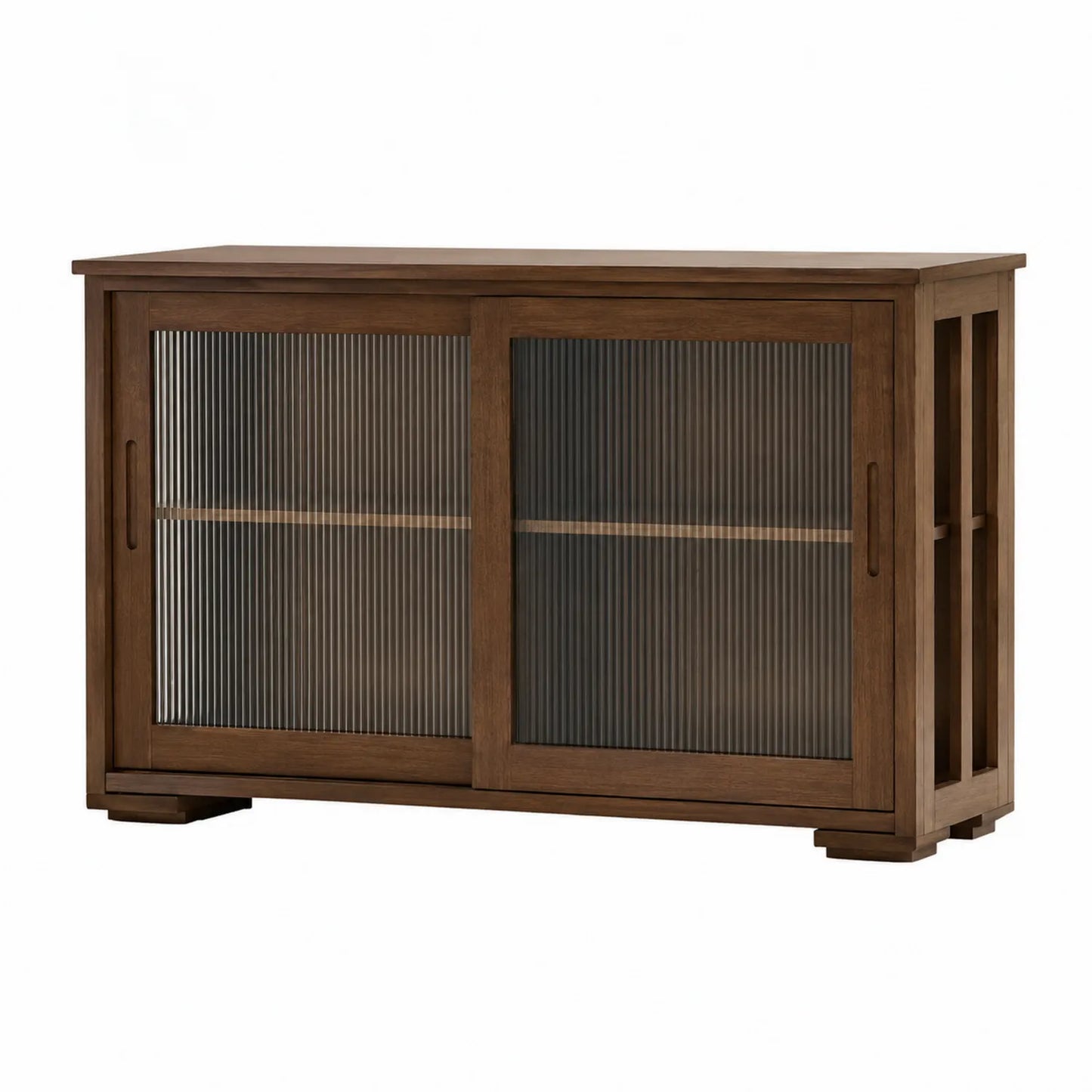 Buffet en bois avec portes coulissantes en verre cannelé brun