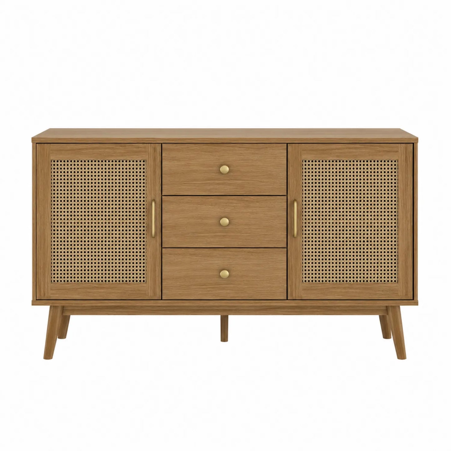Buffet en bois avec portes en cannage et trois tiroirs marron