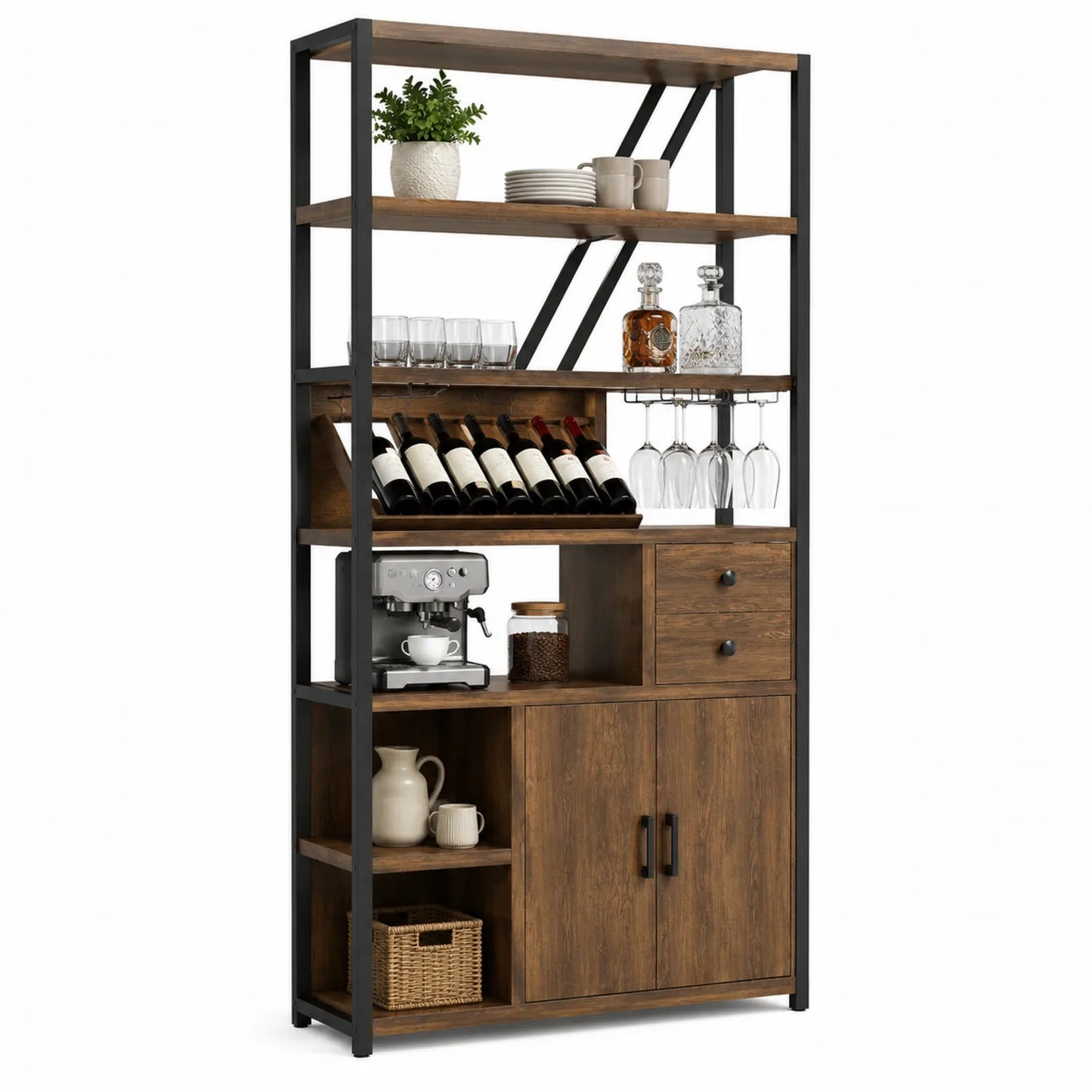 Buffet étagère en métal et bois pour rangement de vin, Marron/Noir, 180x90x40 cm