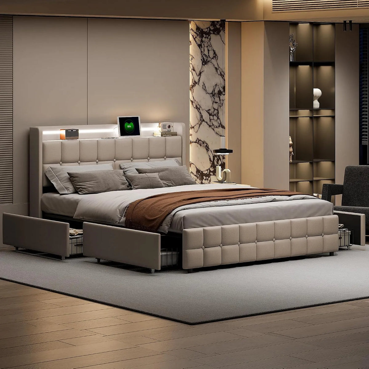 Lit Double 160x200 cm avec Sommier à Lattes — avec rangement, avec tiroirs, avec port USB, affichage LED, 4 Tiroirs, 160 × 200 cm, beige