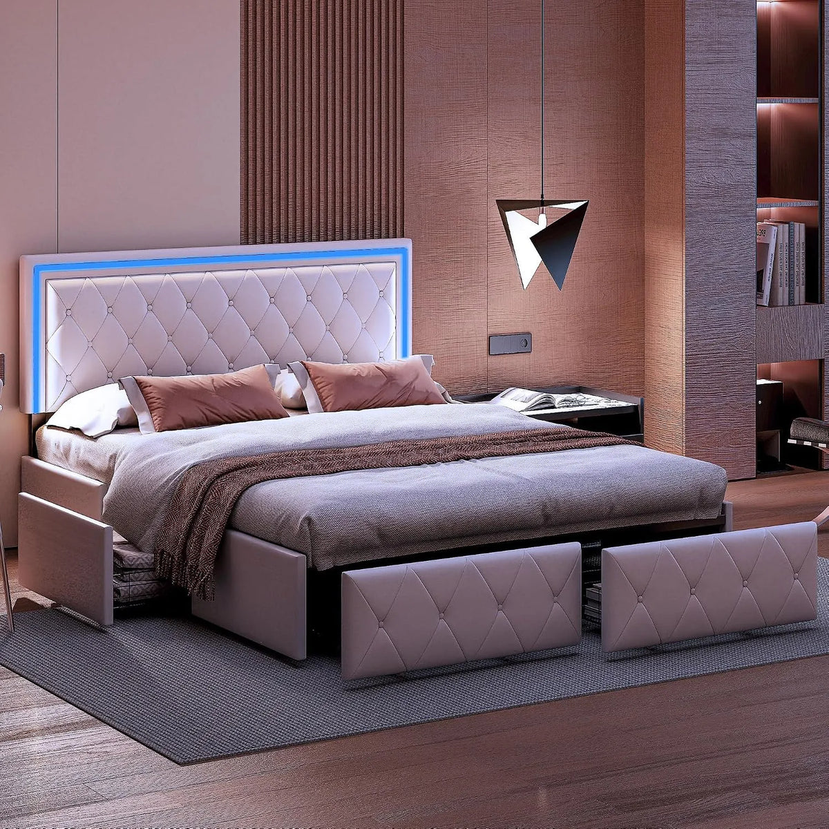 Lit Double 160x200 avec Rangement – en métal, avec tiroirs, affichage LED, 4 Tiroirs, 160 × 200, blanc
