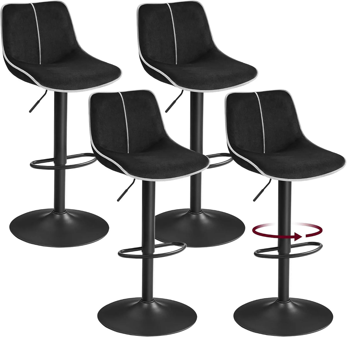 VASAGLE LJB188B01-2J Lot de 4 Tabouret de bar et siège de comptoir – en métal, avec dossier, réglable, noir, revêtement en velours