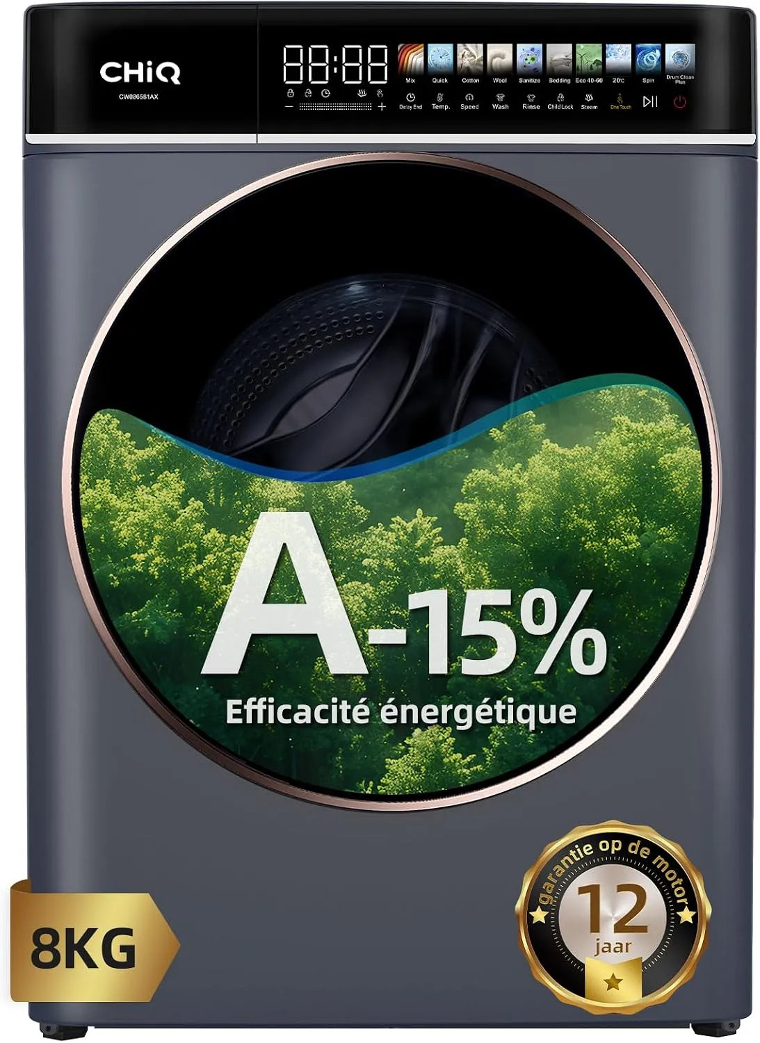 Lave-linge CW086581Ax, 33cm, 8 kg, 76 dB, classe énergétique A, tactile, Inverter, vapeur, gris, 1400 T, min, 520mm, CHiQ 8kg Lave-Linge avec Classe