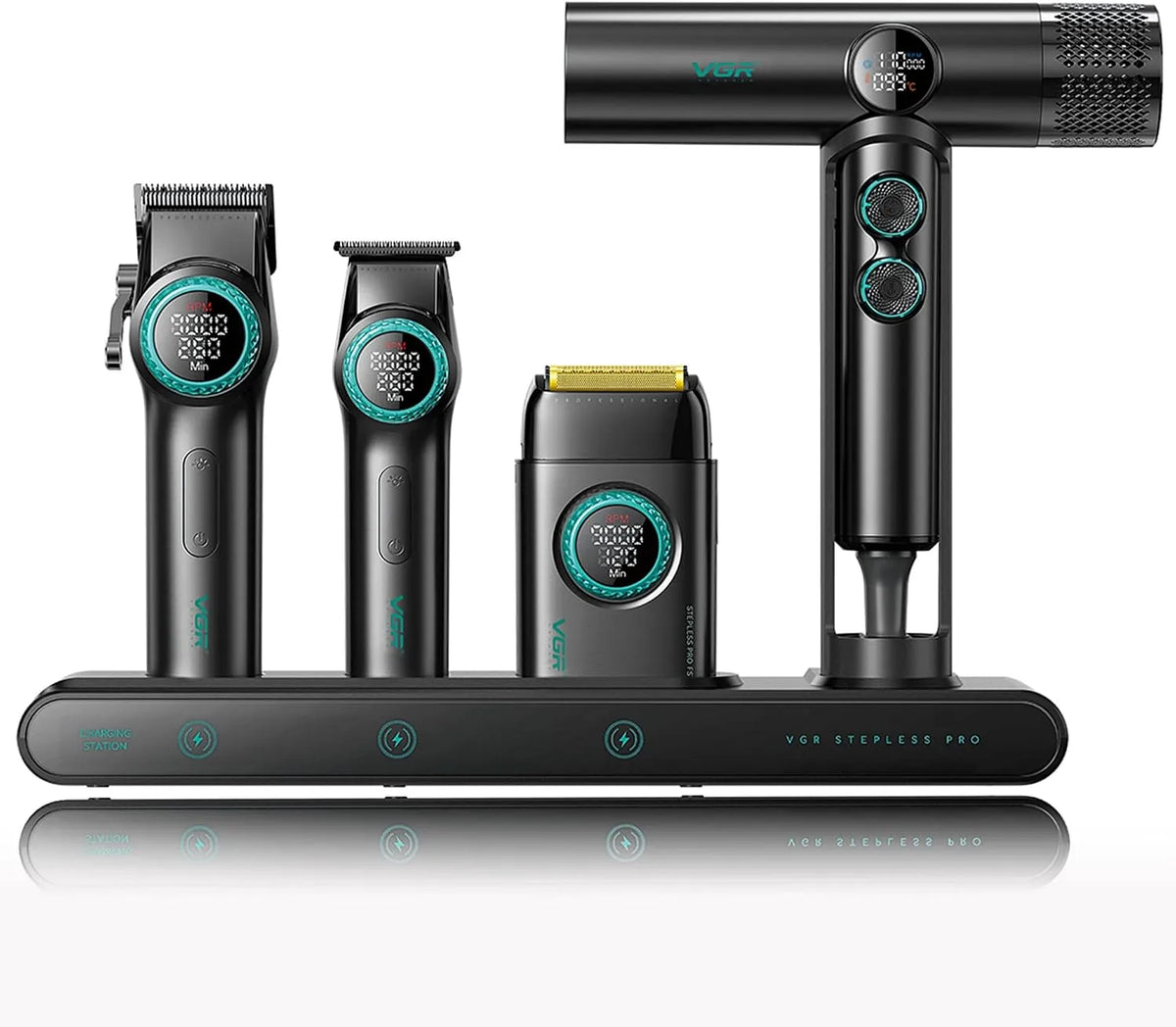 Produit Rasoir Grille, VGR Professional Barber Combo avec Tondeuse Cheveux Trimmer, et Sèche Cheveux Ionique, 4 en 1 Kit Barbier Professionnel Équipé