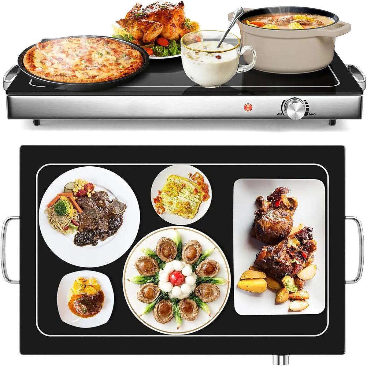 modèle RELAx4LIFE, RELAx4LIFE Chauffe-Plat Électrique 300W avec Plaque en Verre Trempé 56 × 36 cm & Poignées Latérales en INOx pour Maintenir au Chaud