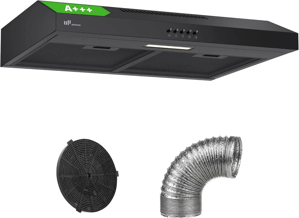 Hotte aspirante HU60, 60 cm, 220 m3/h, 61 dB, classe énergétique A, hotte de cuisine, évacuation et recyclage, éclairage LED, 3 vitesses, silencieux