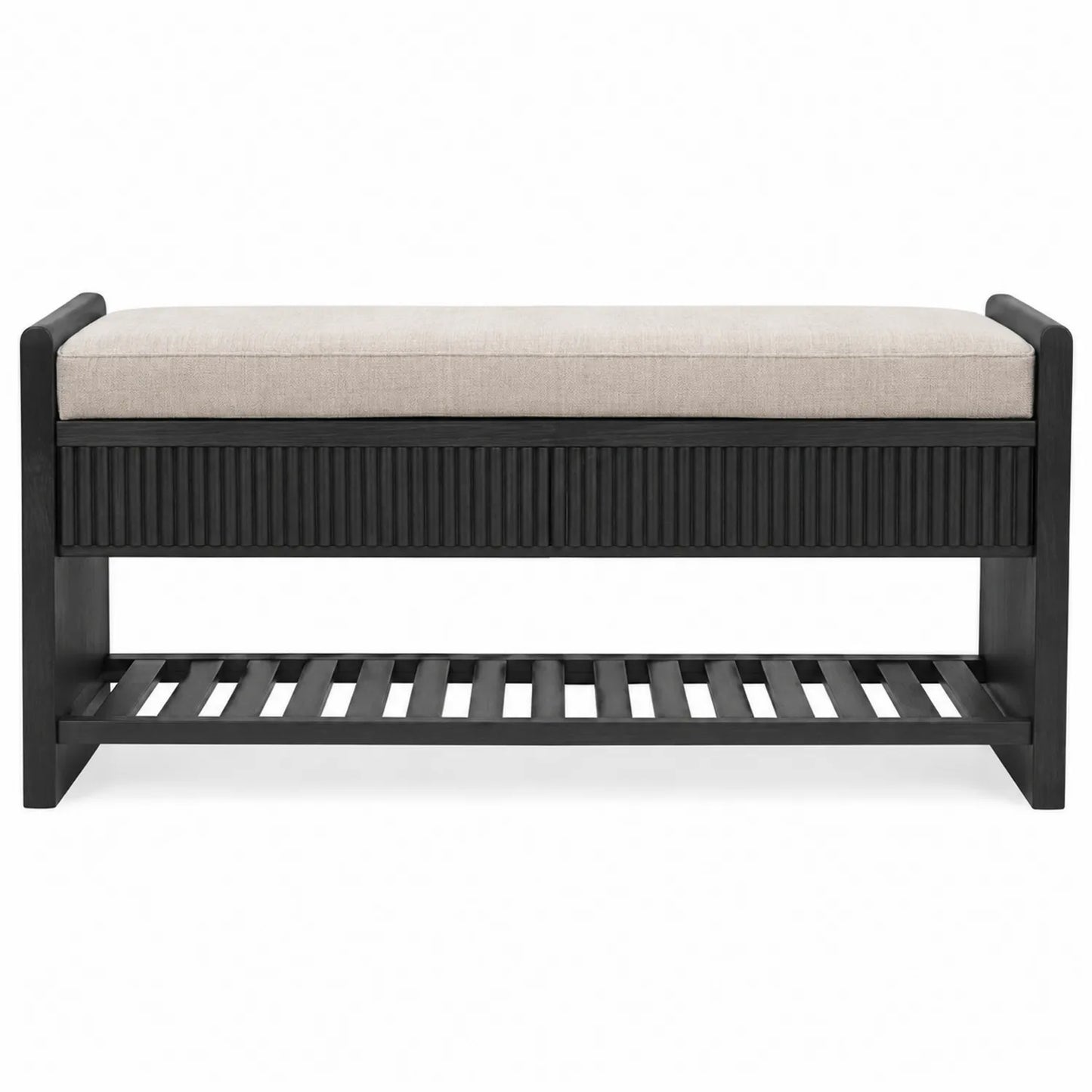 Banc en bois noir avec coussin beige et étagère 120x40x45 cm