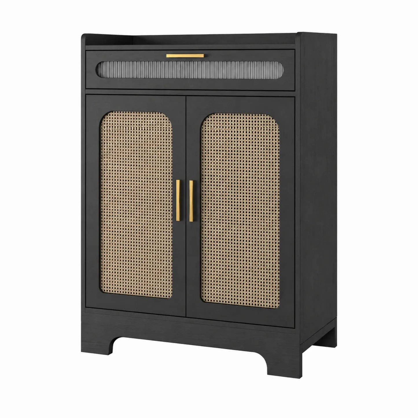 Buffet en bois et rotin noir avec portes en maille 85x40x120 cm