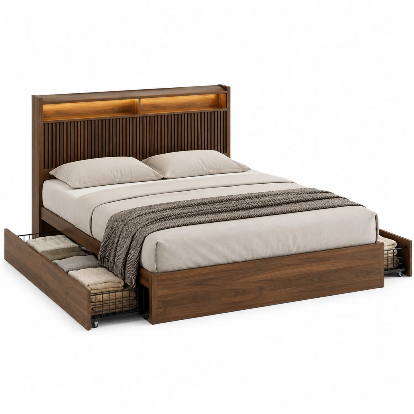Lit double en bois avec rangement et tête de lit lumineuse 200x160 cm Marron