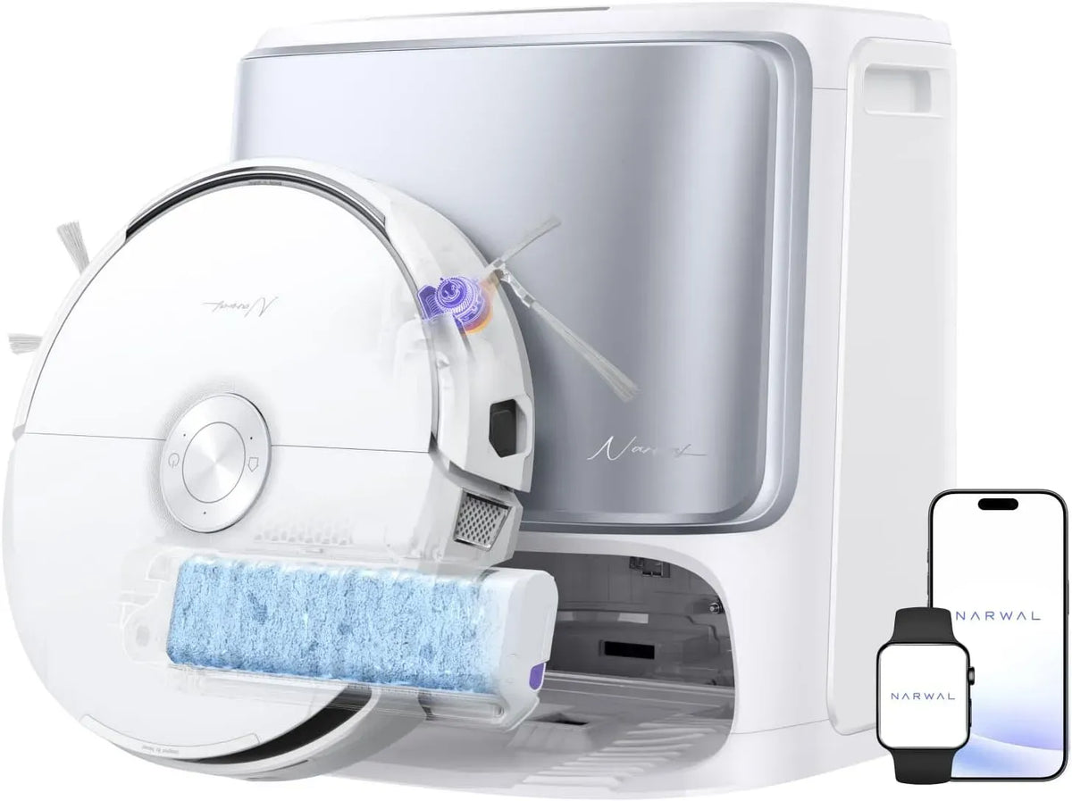 Robot aspirateur, NARWAL Tout-en-1, 22 000 Pa Serpillière Rouleau, 80℃ Lavage et 45℃ Séchage, Reconnaît 200+ Objets, 2 Caméras IA