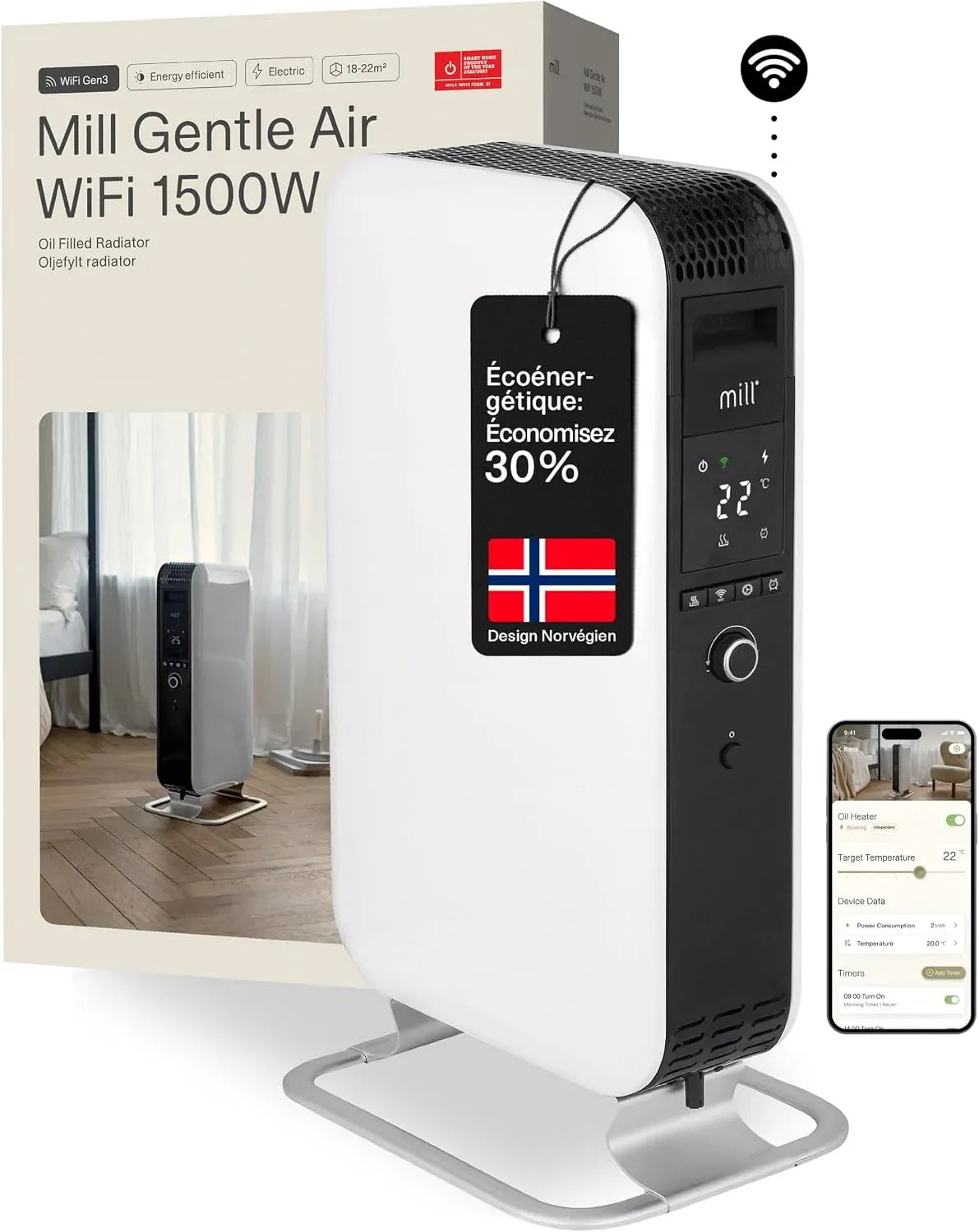 Radiateur électrique, 1500 W, Wi-Fi, silencieux, blanc, pour 18–22m²