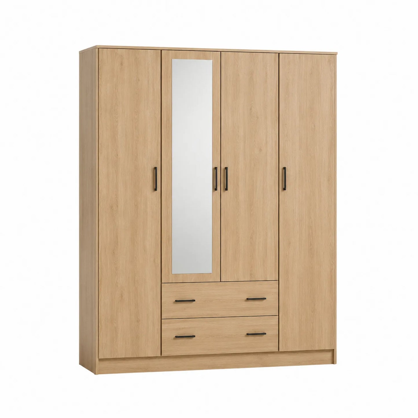 Armoire 4 Portes MDF Chêne Clair avec Miroir