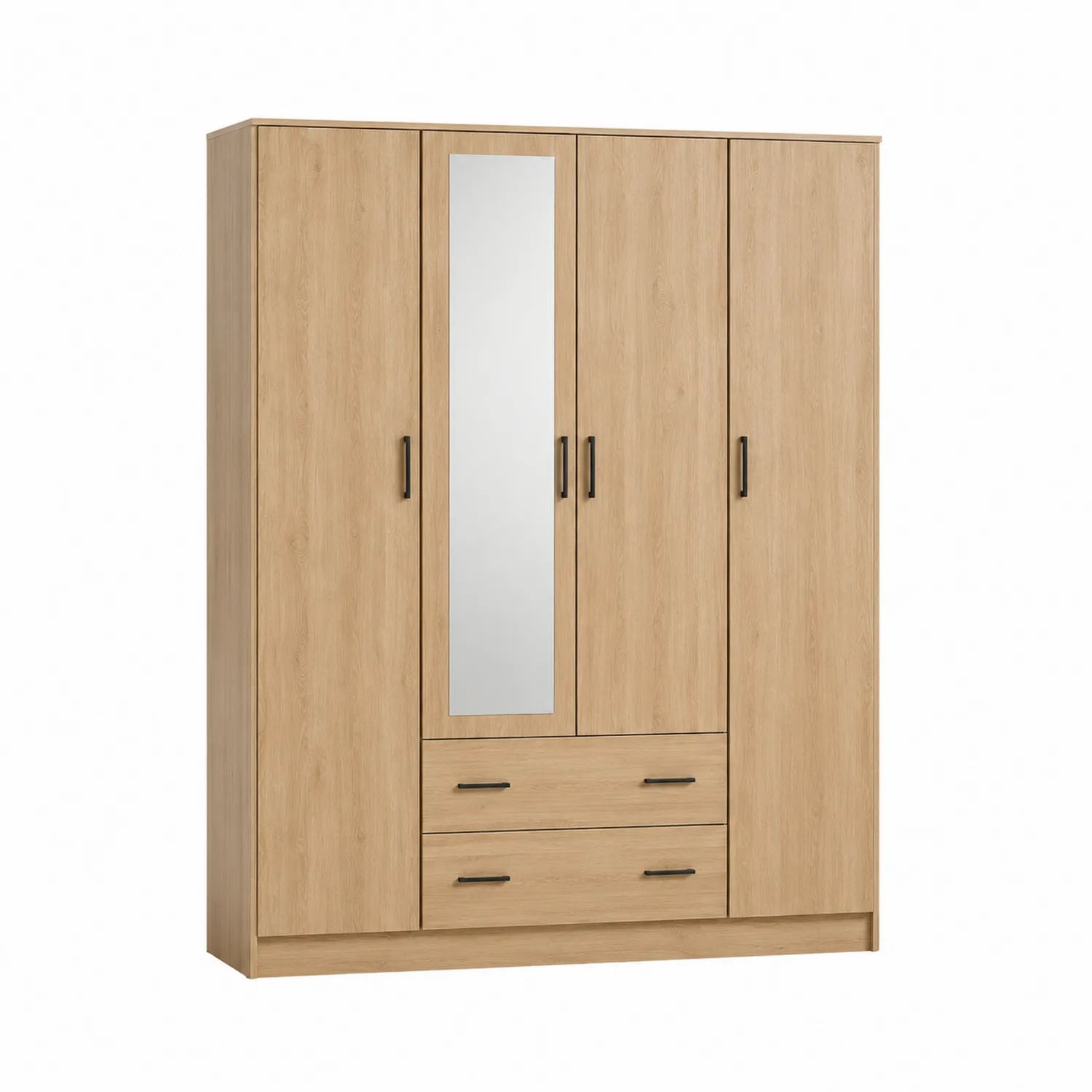 Armoire 4 Portes MDF Chêne Clair avec Miroir