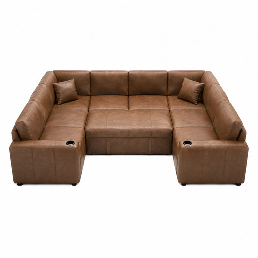 Canapé d'angle en forme de U en cuir synthétique avec porte-gobelets