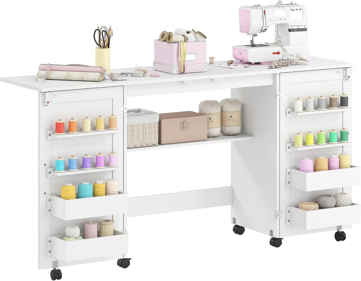 HOMCOM Bureau et table informatique – avec rangement, avec roulettes, 2 Portes, blanc