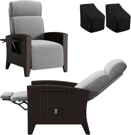 Fauteuil relax et fauteuil inclinable — lavable, avec dossier, avec coussins, réglable, gris, en résine tressée