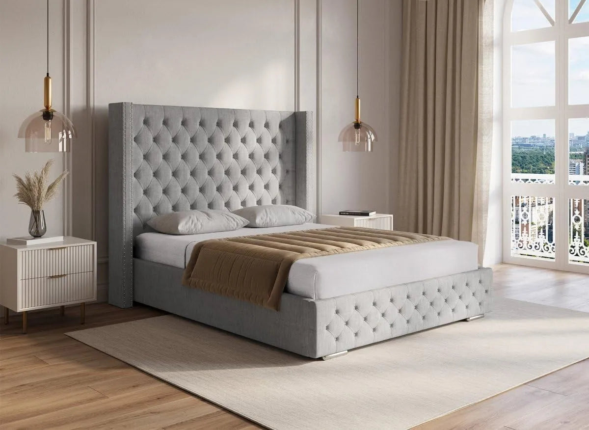 DecoInParis Lit Coffre en Tissu Lin Gris 180x200 cm Maxi — revêtement en tissu, 180 × 200 cm