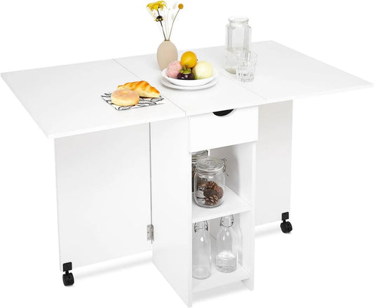 Table à manger et table de salle à manger – avec rangement, avec tiroirs, pliable, 72 × 120 × 75 cm, blanc