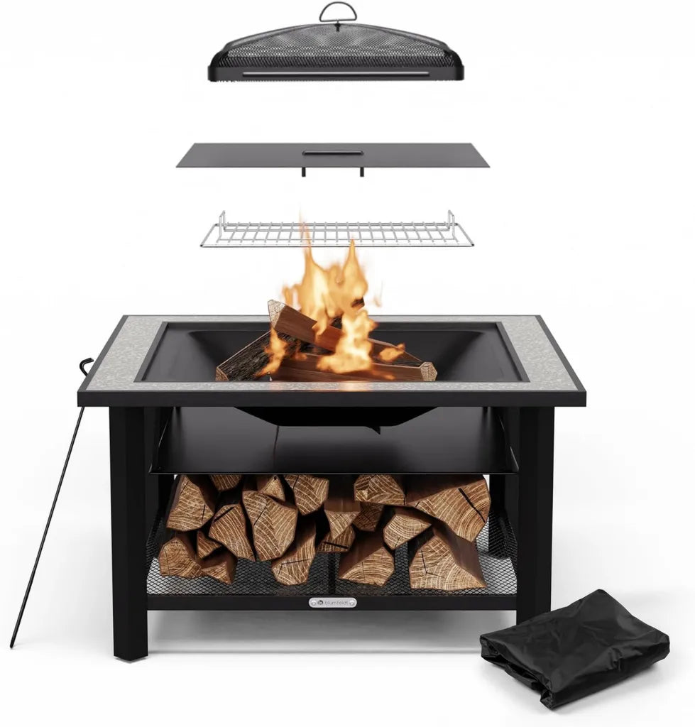 Blumfeldt Merano Brasero 3-en-1: Barbecue, Table, Foyer Extérieur avec Plateau en Terrazzo