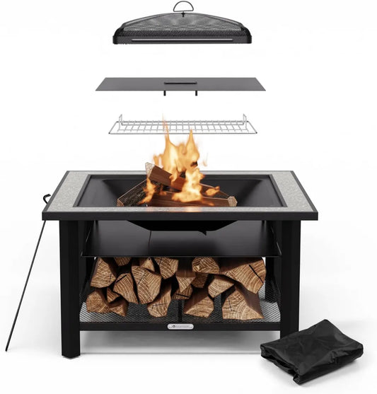 Blumfeldt Merano Brasero 3-en-1: Barbecue, Table, Foyer Extérieur avec Plateau en Terrazzo