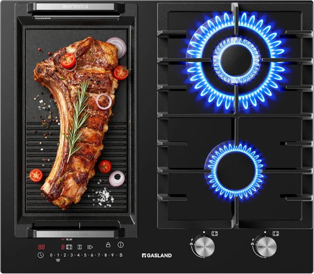 Plaque de cuisson mixte Gaz et Induction 60 cm, 5200 W avec brûleur wok, 3500 W avec fonction BBQ, verre noir, encastrable