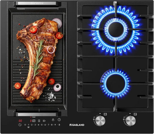 Plaque de cuisson mixte Gaz et Induction 60 cm, 5200 W avec brûleur wok, 3500 W avec fonction BBQ, verre noir, encastrable