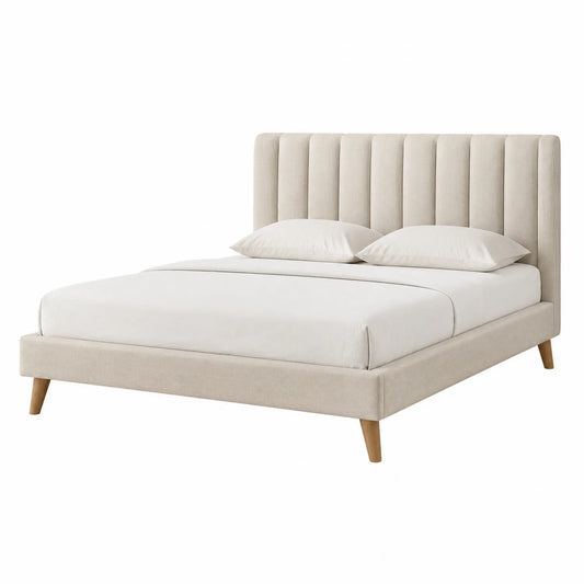 Lit double en tissu lin beige avec tête de lit 140x200 cm