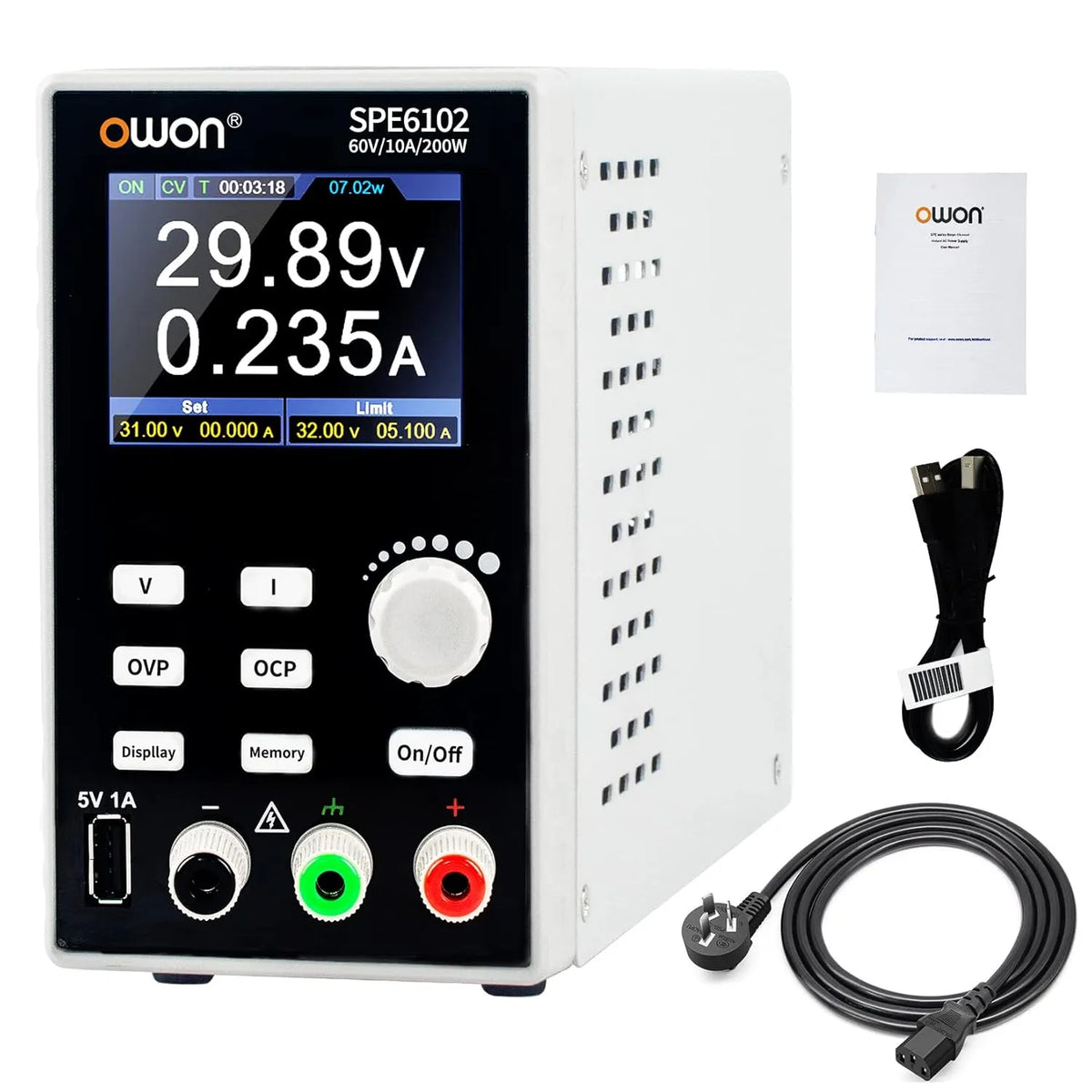OWON SPE6102 Alimentation de laboratoire CC réglable et alimentation de banc, programmable, 200 W, 0-60 V, 0-10 A