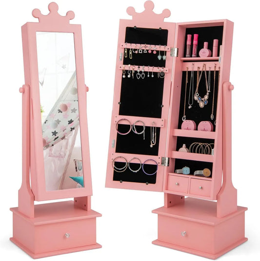 Armoire à Bijoux Enfant avec Miroir et Couronne, 3 Tiroirs, Inclinable, Capacité 10kg, Jouet 3 Ans+ (Rose)