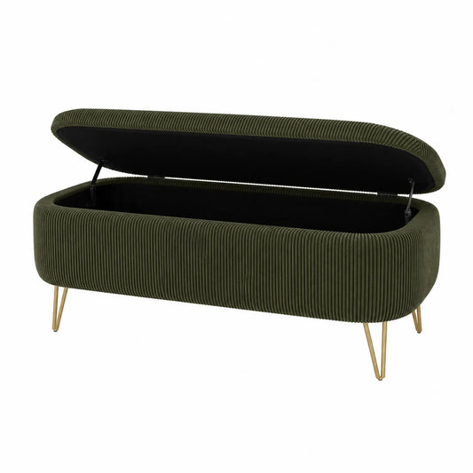 Banc de rangement en tissu vert olive pieds en métal 120x45x40 cm