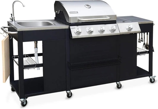 Barbecue à Gaz 5 Brûleurs avec Évier et Ustensiles - Acier Inoxydable