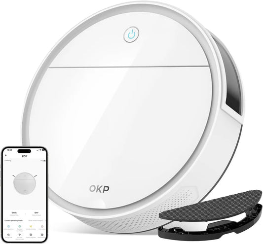 Aspirateur Robot OKP K5 Pro, 5000 Pa, Autonomie 180 Min, Ultra-Fin 7,7 cm, Évitement d'Obstacles, Silencieux, Idéal Sols Durs et Poils d'Animaux, Compatible Wi-Fi/App/Alexa, Blanc