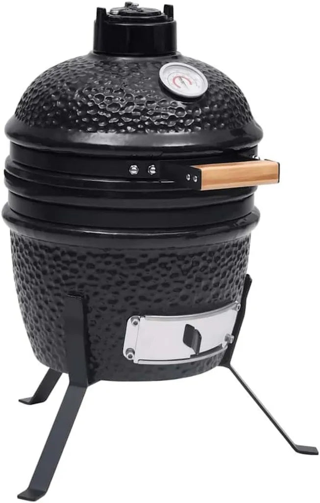 Barbecue Kamado en céramique 56 cm noir, grill et fumoir intégré, grille de 26,5 cm, couvercle robuste avec thermomètre