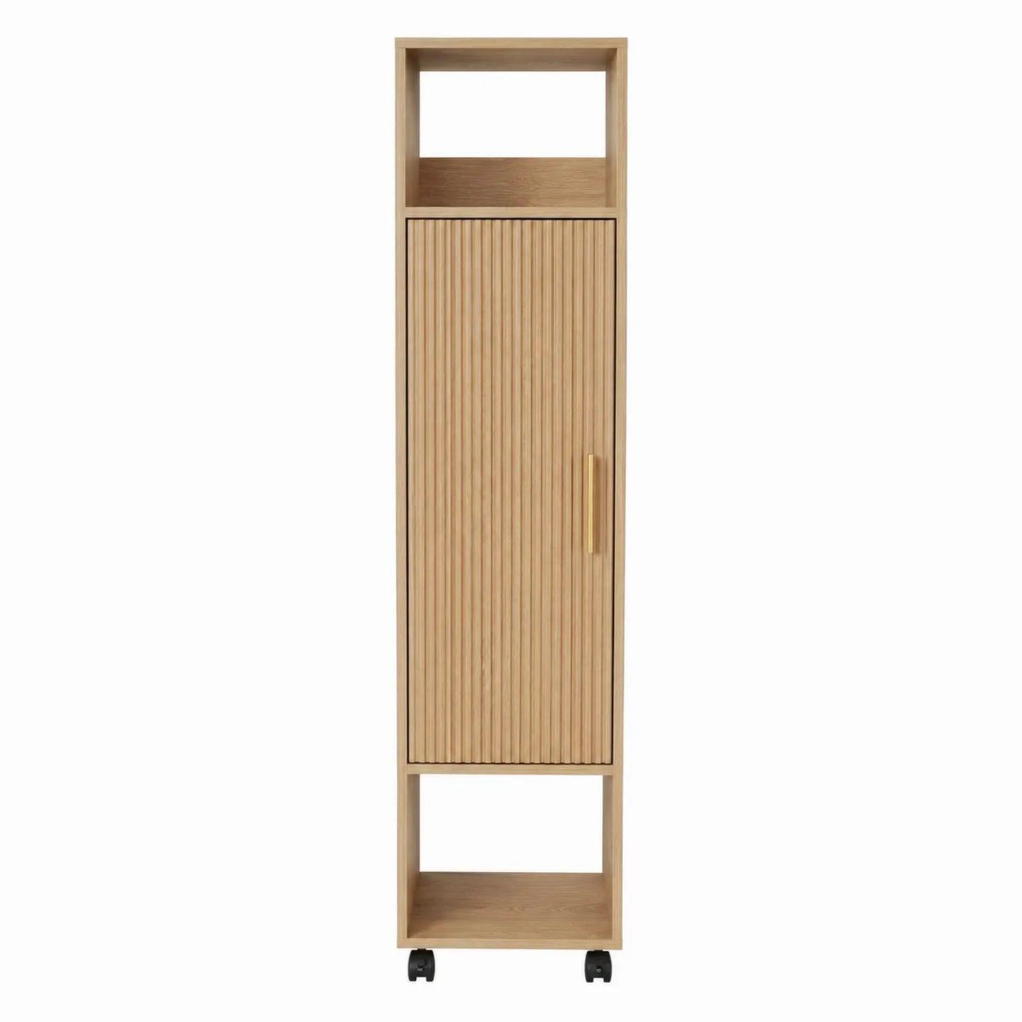 Armoire en bois avec porte à rayures et roulettes, 45x150x30 cm, Chêne clair