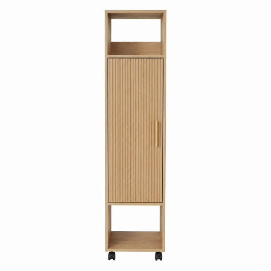 Armoire en bois avec porte à rayures et roulettes, 45x150x30 cm, Chêne clair