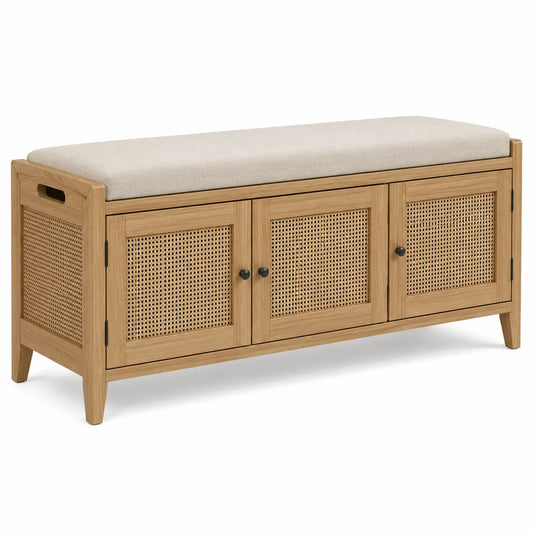 Banc en bois avec rangement en rotin et coussin beige 120 x 40 x 45 cm