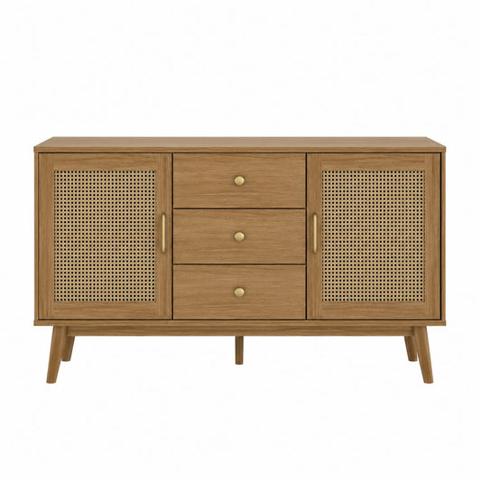 Buffet en bois avec portes en cannage et trois tiroirs marron
