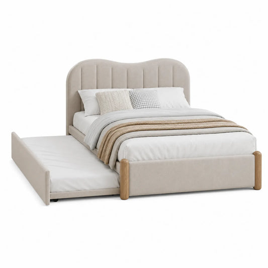 Lit double avec tiroir gigogne en bois et tissu beige