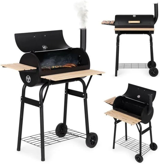 Barbecue de Jardin en Charbon avec Thermomètre et Roulettes