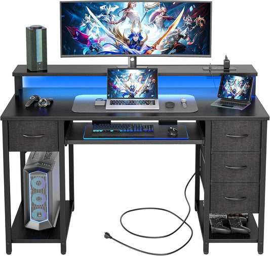Bureau et table informatique — réversible, avec rangement, avec tiroirs, pour gaming, 4 Tiroirs, 120 × 50cm, avec éclairage LED