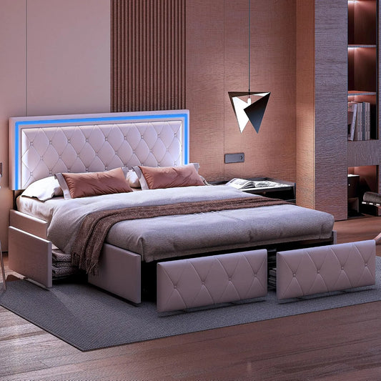 Lit Double 160x200 avec Rangement – en métal, avec tiroirs, affichage LED, 4 Tiroirs, 160 × 200, blanc