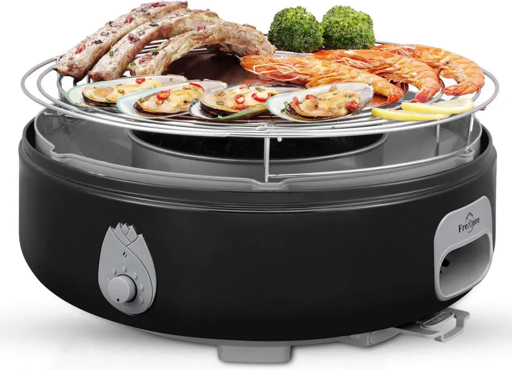 Grill à Charbon Portable de Camping avec Housse de Transport – Table de Fumaison Compacte & Option Sans Fumée – Fonctionne sur Piles ou Batterie Externe. (Noir)