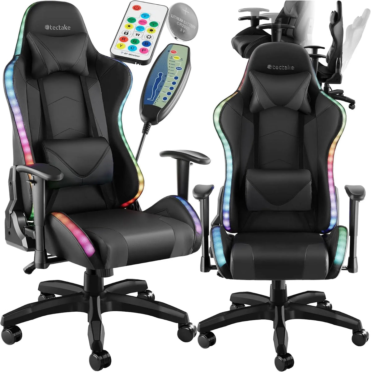 tectake Fauteuil de massage et fauteuil relax – avec accoudoirs, pour gaming, affichage LED