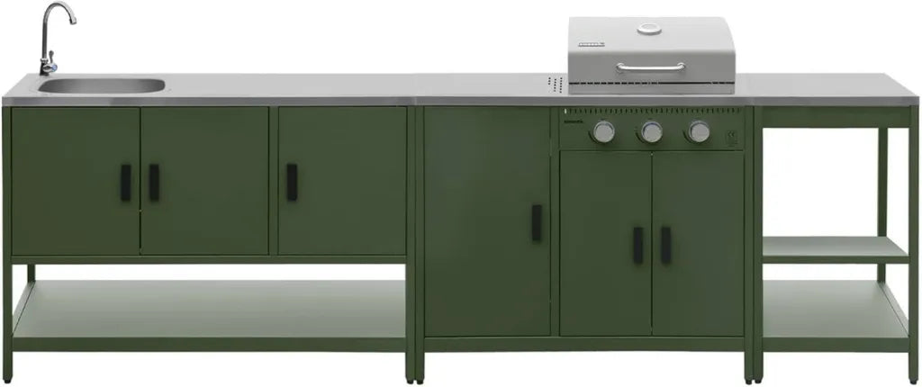 Ensemble barbecue extérieur Naxos 3 modules en acier inoxydable vert avec 3 brûleurs à gaz