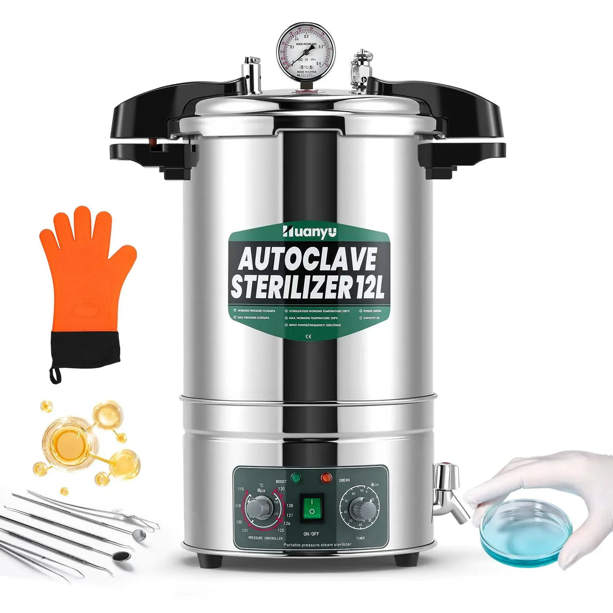 Stérilisateur, appareil électrique de stérilisation, 12 L, vapeur, pour laboratoires Universités